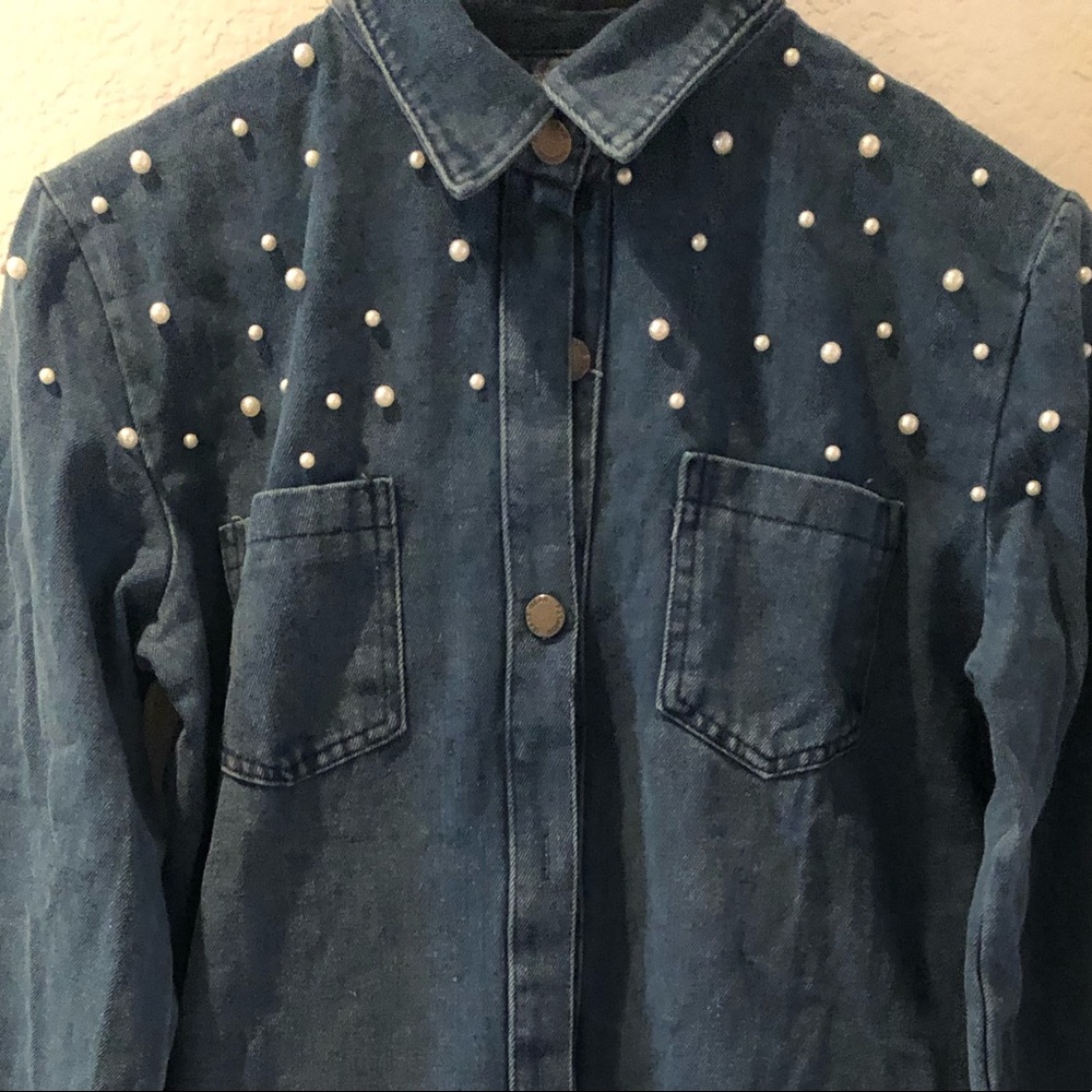 DENIM SHIRT DRESS WITH BEADING
